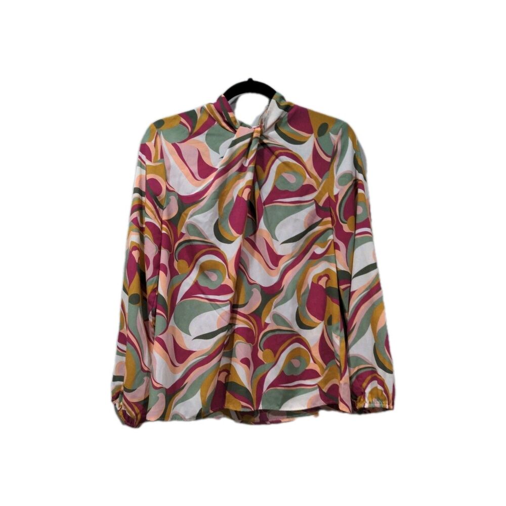Pleione High Neck Retro Groovy Blouse Size M Lightweight Long Sleeve Multi-Color